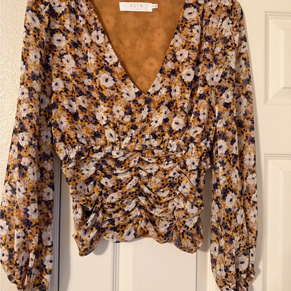 ASTR Floral V-Neck Blouse - Mustard and Navy